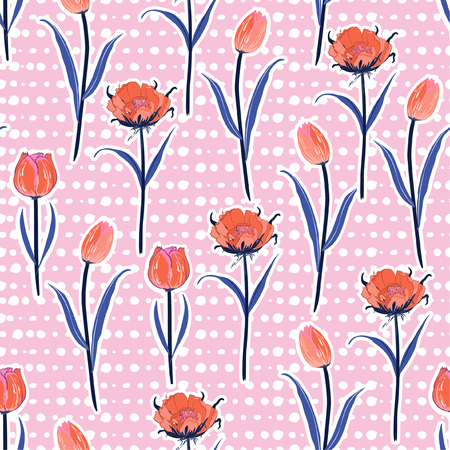 Soft and gentle Seamless hand drawn pol kadots  pattern with fresh orange blooming tulip flowers background.のイラスト素材
