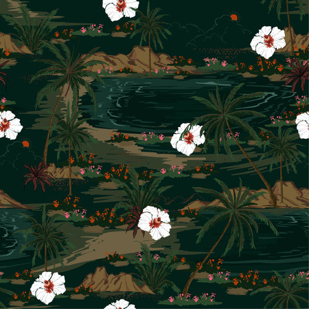 Beautiful dark seamless island pattern vector. Landscape with palm trees,beach and ocean vector hand drawn style on dark green color background.のイラスト素材