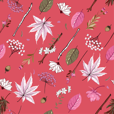 Bright Automn Diagonal on seamless pattern vector  hand drawn elements motive,leaves,flowers,nuts,branch,for fashion fabric and all prints on trendy red coral background.のイラスト素材