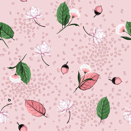 Sweet Autumn leaves,pine nuts and flower elements mix with animal skin leopard in hand drawn style seamless pattern vector for fabric and all prints on light pink background.のイラスト素材