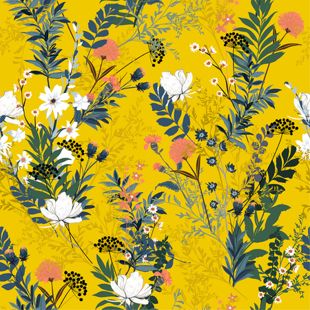 Summer blooming in the garden full of wild flower in many kind of florals seasonal seamless pattern vector ,hand drawing style for fashion, fabric and all prints on vivid yellow background.のイラスト素材