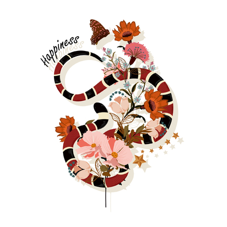 Trendy snake with flowers graphic design vector  with wording HAPPINESS , blooming of floral for fashion,t-shirt ,and all prints on white backgroundのイラスト素材