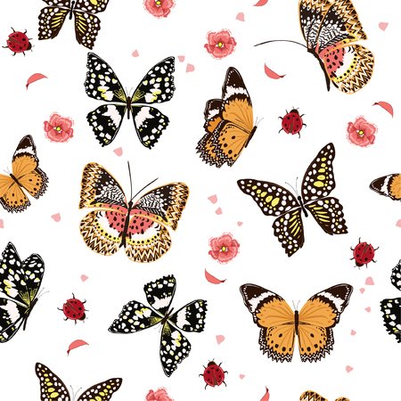 Garden butterflies flying in the garden ,lady bug,insect seamless pattern vector scattered repeat for fashion ,fabric ,wallpaper and all prints on white background colorのイラスト素材