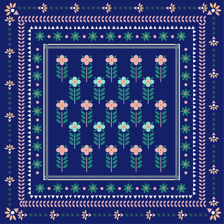 Geometric flowers in scarf prints style seamless pattern on vector design for fashion,fabric and all print on electric blue background colorのイラスト素材