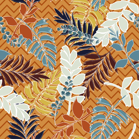 Summer tropical leaves with hand drawn outline on zigzag line background seamless pattern  vector design for fashion,fabric and all prints on orangeのイラスト素材