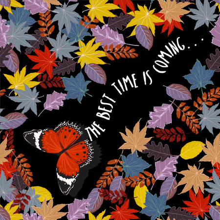 Butterfly flying through the Autumn winter leaves in the night seamless pattern vector design for card fashion,fabric,and all prints on black background colorのイラスト素材