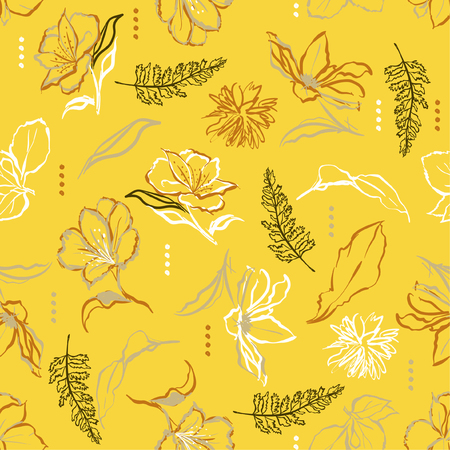 Retro hand drawn flowers and brush strokes. Vector seamless pattern illustration design for fshion,fabric ,and all prints on yellow background colorのイラスト素材