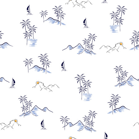 Hand drawn summer island tropical seamless pattern vector regular repeat design for fashion,wallpaper,and all prints on white background colorのイラスト素材