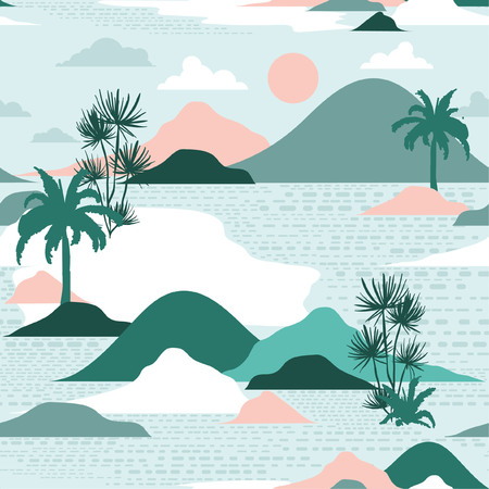Pastel and sweet  silhouette of palm tree,beach,mountain on modern paper cut style seamless pattern vector design for fashion,fabric,and all prints on green mint  backgroundのイラスト素材
