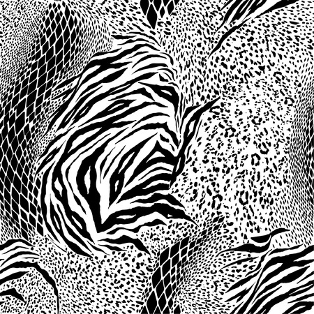Black and white Mixed animal skin,tiger,zebra,leopard,snake, background. Seamless pattern vector design for fashion fabric ,wallpaper and all prints on whiteのイラスト素材