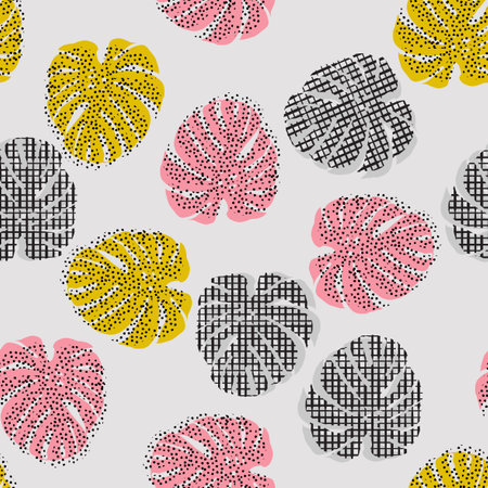 Beautiful colorful summer of monstera tropical leaves with hand drawing polka dots and line check grid seamless pattern vector design for fashion,fabric and all prints on light grey background colorのイラスト素材