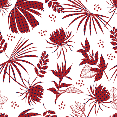 Summer vector seamless pattern  silhouette tropical leaves in polka dot pattern with exotic forest. Colorful original stylish floral print on white background.のイラスト素材