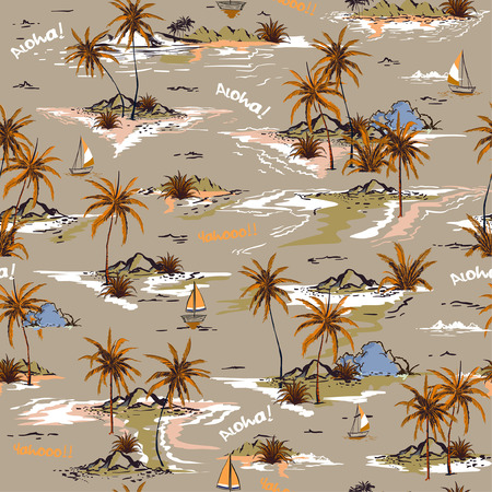 Vintage Beautiful seamless island pattern on white background. Landscape with palm trees,beach and ocean vector hand drawn style on brown color background.のイラスト素材