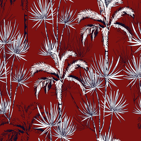 Beautiful tropical hand drawn doodle line sketch plam and coconut trees ,island design fot fashion,fabric, and all prints on maroon background colorのイラスト素材