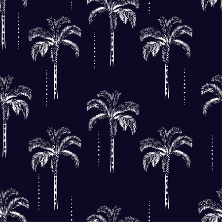 Beautiful Palm and coconut trees silhouette on the navy blue background. Vector seamless pattern with tropical plants design for fashion,fabric wallapaper and all printsのイラスト素材