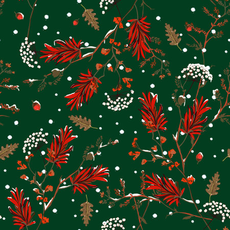 Seasonal Seamless pattern vector of winter snow in the garden flower delicate soft and beautiful mood design for fashion,fabric,wallpaper,and all prints on dark green background colorのイラスト素材