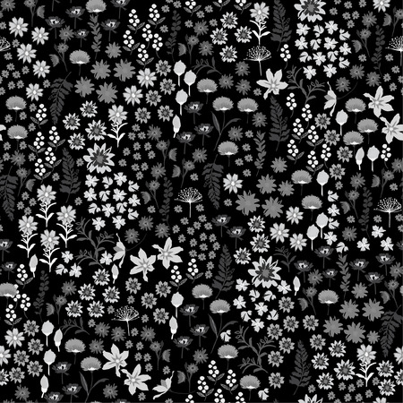 Monotone black and white liberty many kind of Wild flowers pattern. Hand drawn meadow Floral Seamless vector design for fashion,fabric wallpaper and all prints on black background colorのイラスト素材