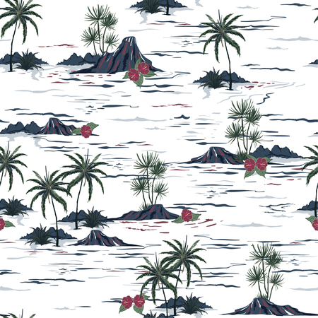 Beautiful seamless island pattern . Landscape with palm trees,beach and ocean vector hand drawn style on white color background.のイラスト素材