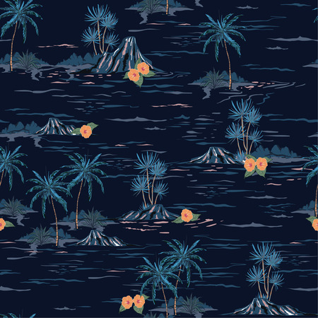 Dark summer night mood seamless island pattern  Landscape with palm trees,beach and ocean vector hand drawn style on navy blue background.のイラスト素材
