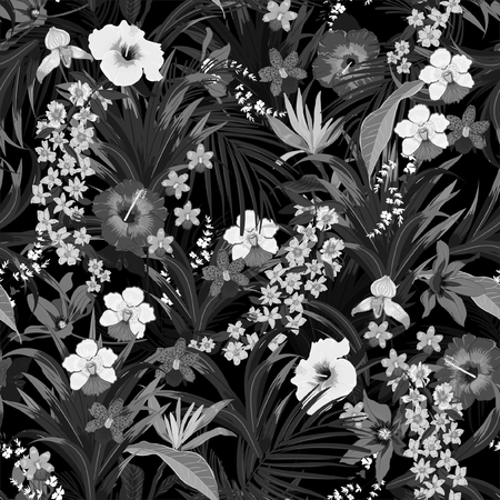 Monotone black and grey tropical background with deep jungle plants. Vector exotic pattern with palm leaves and flowers,orchid seamless vector design for fashion,fabric wallpaper and all printsのイラスト素材