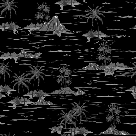 Monotone black and white  seamless island pattern  Landscape with palm trees,beach and ocean vector hand drawn styleのイラスト素材