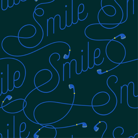 Wording of Smile create by modern earphone seamless pattern vector design for fabric,wallpaper,fashion ,and all prints on dark green background colorのイラスト素材