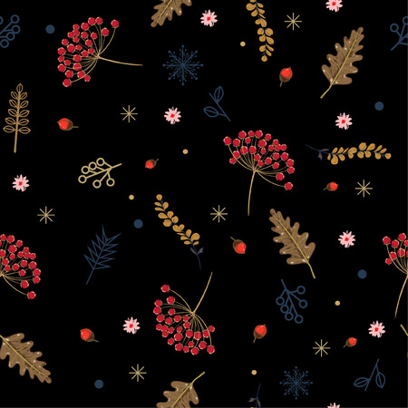 Beautiful night Hand drawn floral winter seamless pattern with christmas leaves and berries. Vector illustration background design for fashion,fabric ,wallpaper,gift,cad and all prints on blackのイラスト素材