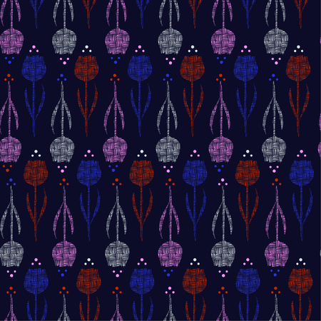 Colorful Seamless line hand drawn silhouette of tulip flower pattern vector design for fashion,fabric,wallpaper,web,and all prints on navy blue background colorのイラスト素材