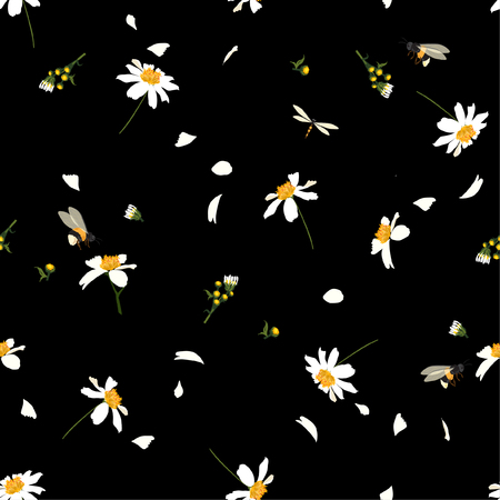 Beautiful  pretty daisy floral print  blowing in the wind design with bumble bees seamless pattern in vector for fashion ,fabric ,wallpaper and all prints on blackのイラスト素材