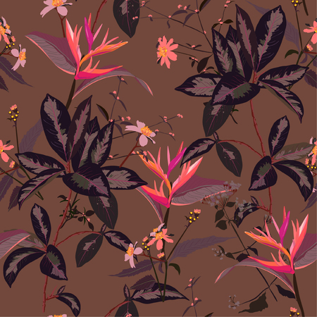 Beautiful exotic tropical summer forest seamless pattern in vector design for fashion,fabric,wallpaper,web and all prints on stylish brown color backgroundのイラスト素材