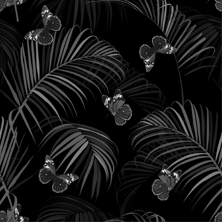 Monotone black and grey tropical and palm leaves in the night with butterflies flying seamless pattern vector design for fashion, fabric and all prints on blackのイラスト素材