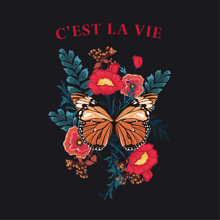 Slogan Butterfly with blooming flower vector. Typography wording in french "C'EST LA VIE" graphic print, fashion drawing for t-shirts .Vector stickers,print, patches vintage on black background colorのイラスト素材