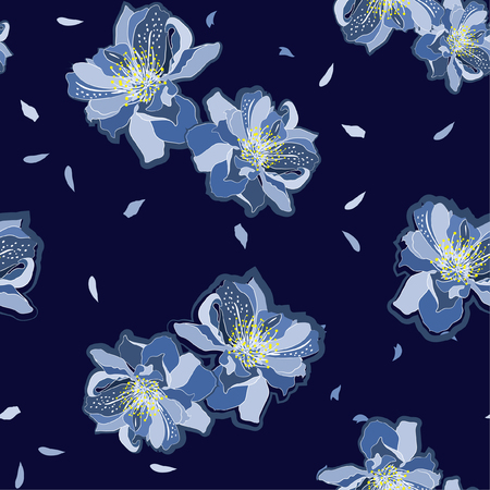 Beautiful Pattern with spring cherry blossom or sakura flowers blooming ,seamless pattern in vector design for fashion ,fabric ,web,wallpaper and all prints on navy blue backgroud colorのイラスト素材
