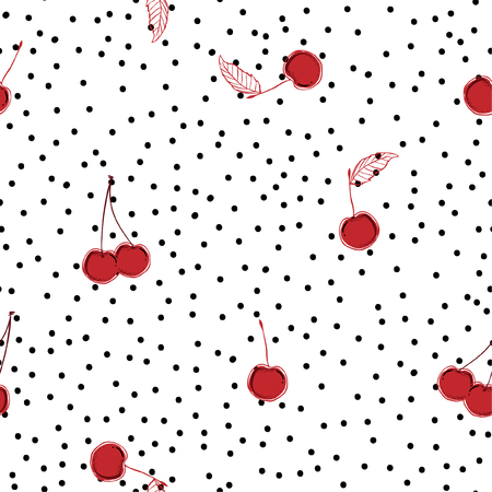 Stylish hand drawn red cherry fruits on random polka dots seamless pattern on vector design for fashion,fabric,web,wallpaper and all prints on white background colorのイラスト素材
