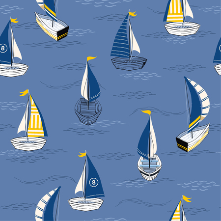 Beautiful hand drawn boat on the ocean seamless pattern in vector design for fashion,fabric,web,wallpaper,and prints on cool blue background colorのイラスト素材