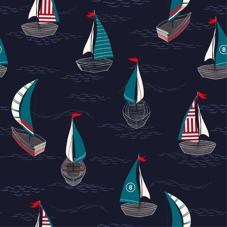 Trendy and cute hand drawn boat on the ocean seamless pattern in vector design for fashion,fabric,web,wallpaper,and prints on navy blue background colorのイラスト素材