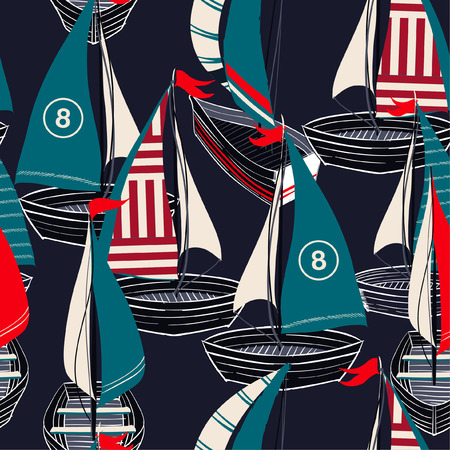 Colorful Seamless pattern in vector hand drawn boat on the ocean  design for fashion,fabric,web,wallpaper,and prints on navy blue background colorのイラスト素材