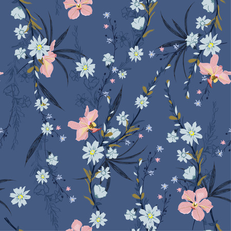Seamless pattern of garden many kind of botanical plants,flowers,orchid ,floral design for fashion,fabric,wallpaper,web and all prints on blue background colorのイラスト素材