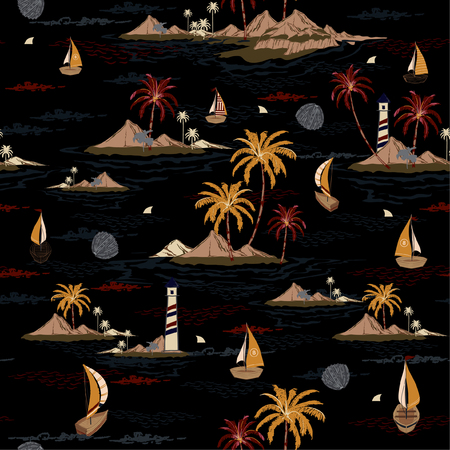 Summer beach night wind surfing illustration botanical vector seamless pattern background with coconut palm trees, topical plants, sailboat  design for fashion,fabric,wallpaper,web and all prints  on black background.のイラスト素材