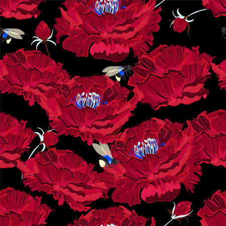 Blooming red peony flower on a black background. Vector seamless pattern. hand drawn graphic style. Vintage. Illustration of beautiful flowers oriental mood design for fashion ,fabric,wallpaper,web and all printsのイラスト素材