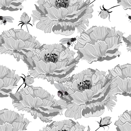 Monotone on grey Vector seamless pattern. hand drawn graphic style. Vintage. Illustration of beautiful flowers oriental mood Blooming light grey peony flower and bees  background. design for fashion ,fabric,wallpaper,web and all printsのイラスト素材