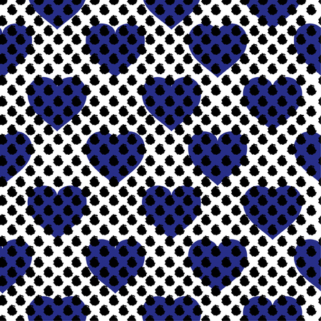 Beautiful Repeated  brush polka dots on top with blue hearts in layering. Cute romantic seamless pattern. Endless vector illustration design for fashion ,fabric,web, wallpaper and all prints on white backgroundのイラスト素材