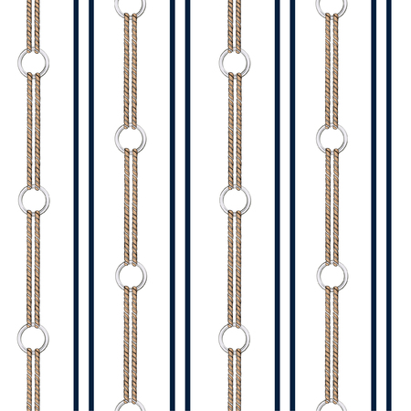Seamless vector pattern background with hand drawn chain, and summer nautical rope in vertical stripe design for fashion,fabric,wallpaper,web and all prints on white color background のイラスト素材