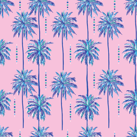 Summer seamless sweet palm trees pattern on sweet pink background. Landscape regular pattern,vector hand drawn style design for fashion,fabric,web,wallpaper and all pirntsのイラスト素材