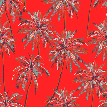 Trendy red  Summer seamless colorful palm trees pattern on red background. Landscape pattern,vector hand drawn style design for fashion,fabric,web,wallpaper and all pirntsのイラスト素材
