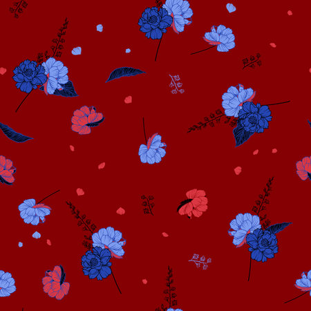 Retro Floral vector pattern with blooming flowers on sweet mood and leaves design for fashion,fabric,web,wallpaper, and all prints on maroon background colorのイラスト素材