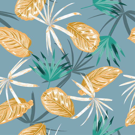Vintage Seamless pattern vector, colorful tropical  leaves and plant in the wild forest  pastel summer design for fshion,fabric,web,wallpaper, and all prints on retro blue background colorのイラスト素材