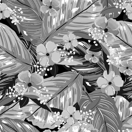 Monotone black and grey Seamless pattern in vector Beautiful exotic layer of summer leaves and yellow blooming flowers  design for fashion,web,wallpaper,fabric and all printsのイラスト素材