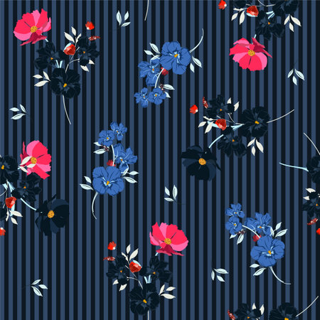 Trendy Seamless pattern beautiful full of blooming flowers and leaves dark mood on navy blue and black stripe Design for fashoin fabric ,wallpaper book , card and etcのイラスト素材