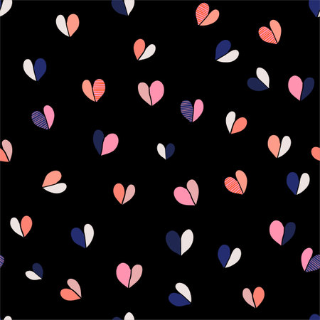 Beautiful Colorful and Cute Vector Illustrations hand drawn Hearts Vector seamless Pattern Illustration.Design for fashion ,fabric,web,wallpaper,and all prints on black background colorのイラスト素材